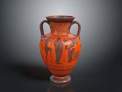 Ancient Greek Ceramic Amphora With Two Handles Carved Figures And Orange Black Design 3d model