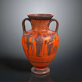 Ancient Greek Ceramic Amphora With Two Handles Carved Figures And Orange Black Design