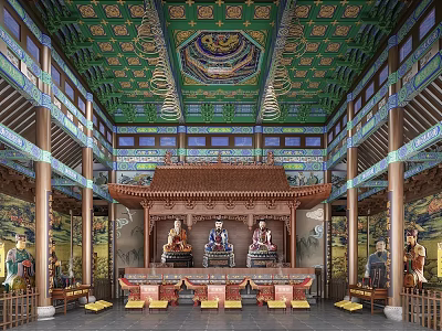Traditional Chinese Cultural Center Interior With Painted Ceiling Main Altar Wall Murals And Statues 3d model