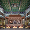 Traditional Chinese Cultural Center Interior With Painted Ceiling Main Altar Wall Murals And Statues