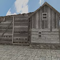 Old Western Style Wooden Building With Weathered Planks Porch And Stone Foundation