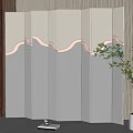 Elegant Light Gray Folding Screen with Wavy White Lines for Modern Interior and Green Plant