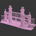 Entrance Gate Featuring Red Brick Pillars Stone Lion Statues Black Iron Grille And Green Lamps
