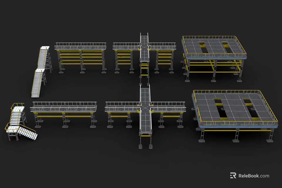 3D Model Industrial Stairs with Metal Frames Yellow Railings and Platform Structures 3d model