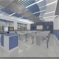 School Science Lab With Blue Cabinets Desks Computer And Large Windows