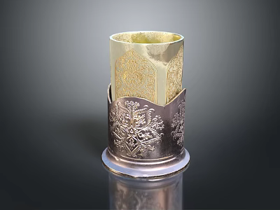 Intricate Sculptural Carving With Silver Floral Patterns And Gold Interior Cylindrical Holder 3d model