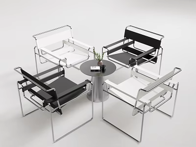 Modern Leisure Chairs With Black White Seats And Metal Frames Around Small Table 3d model