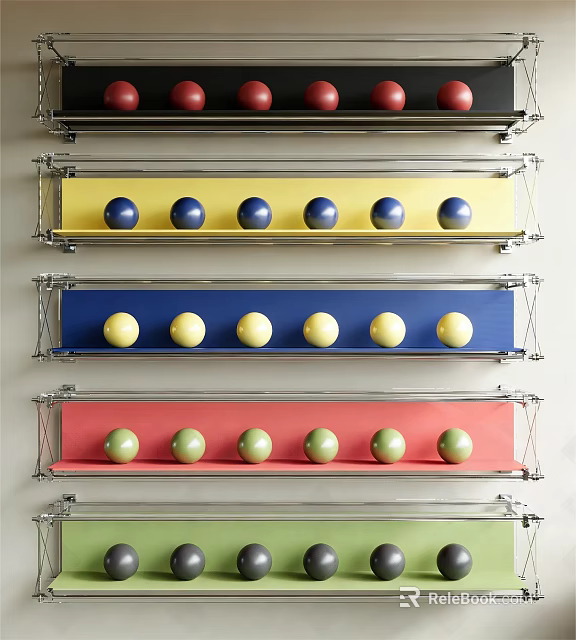 Colorful Storage Shelves With Blue Yellow Green Red Balls And Metal Frames 3d model 