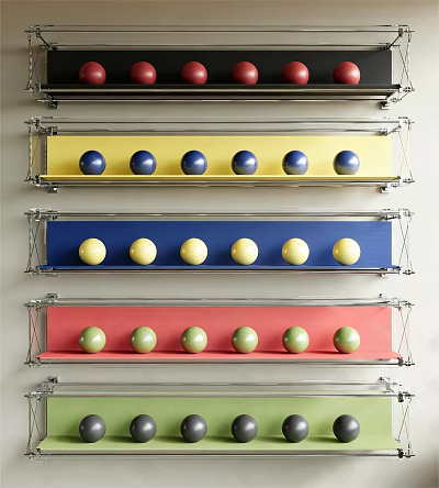 Colorful Storage Shelves With Blue Yellow Green Red Balls And Metal Frames 3d model