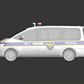 White Police Van With Blue Red Emergency Lights Stripes And Police Logo
