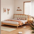 Cozy Wooden Double Bed with Scalloped Headboard Orange Blanket Pillows Nightstand Lamp Wall Art Floating Shelves