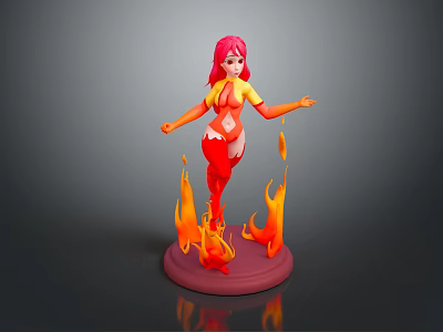 Pink Haired Female Character In Red Yellow Outfit With Flame Creature On Red Base 3d model