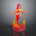 Pink Haired Female Character In Red Yellow Outfit With Flame Creature On Red Base
