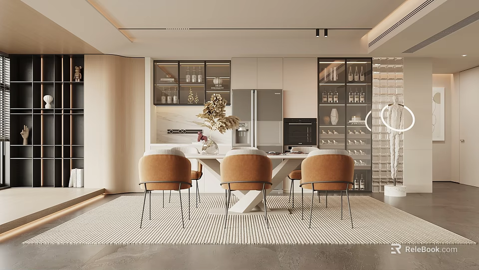 Modern Restaurant Interior Design With White Dining Table Orange Chairs And Stylish Lighting Decor 3d model 