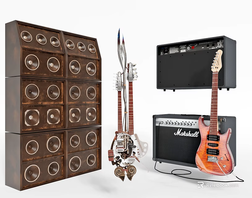 Modern Instrument and Art Supplies Display With Electric Guitars Amplifiers And Art Storage Cabinets 3d model 