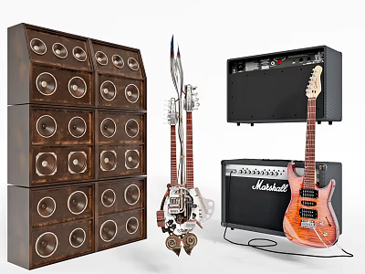 Modern Instrument and Art Supplies Display With Electric Guitars Amplifiers And Art Storage Cabinets 3d model