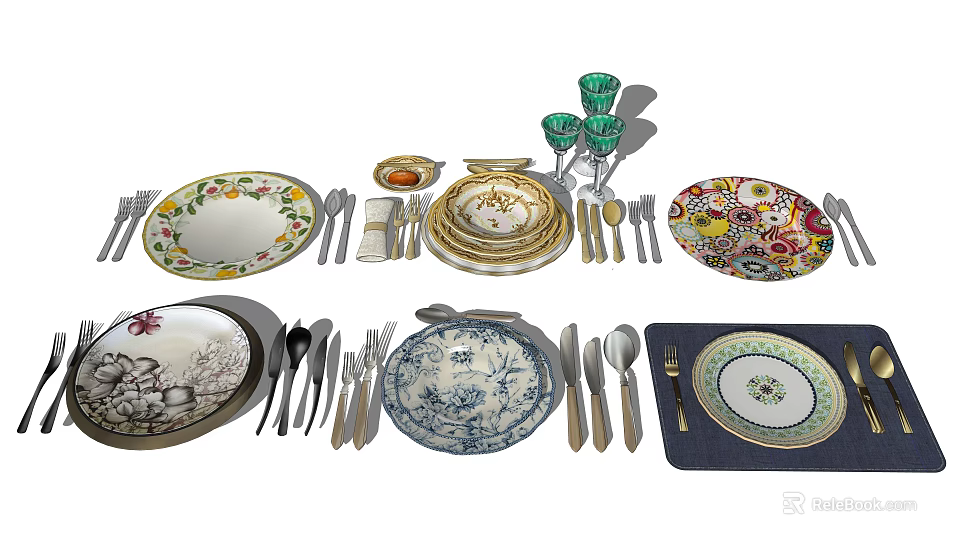 Decorative Tableware Set With Patterned Plates Bowls Green Glasses And Cutlery 3d model