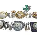 Decorative Tableware Set With Patterned Plates Bowls Green Glasses And Cutlery 3d model