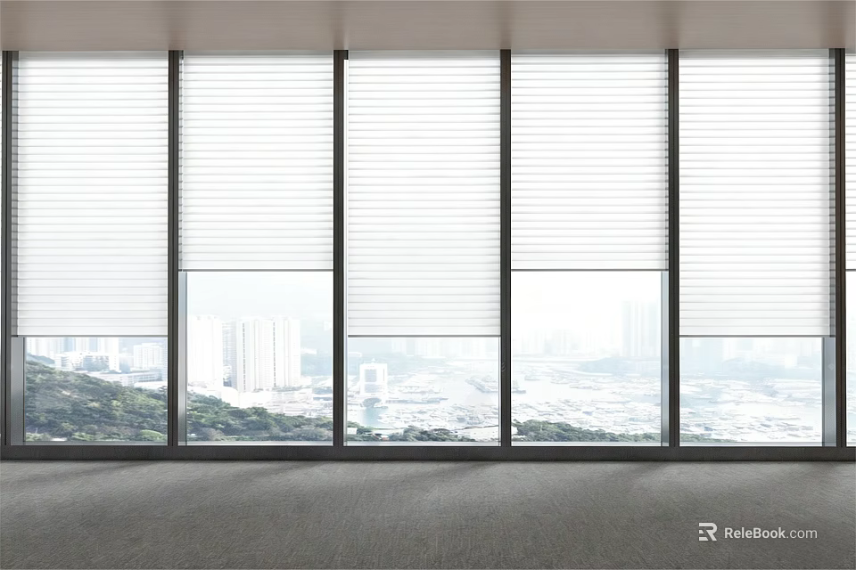 Interior With Large Windows White Blinds And Urban City Skyline View 3d model 