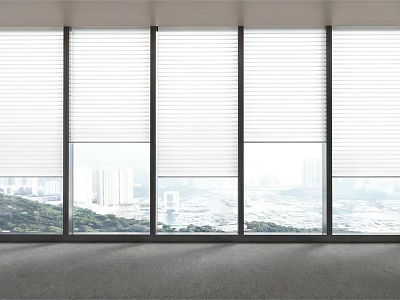 Interior With Large Windows White Blinds And Urban City Skyline View 3d model