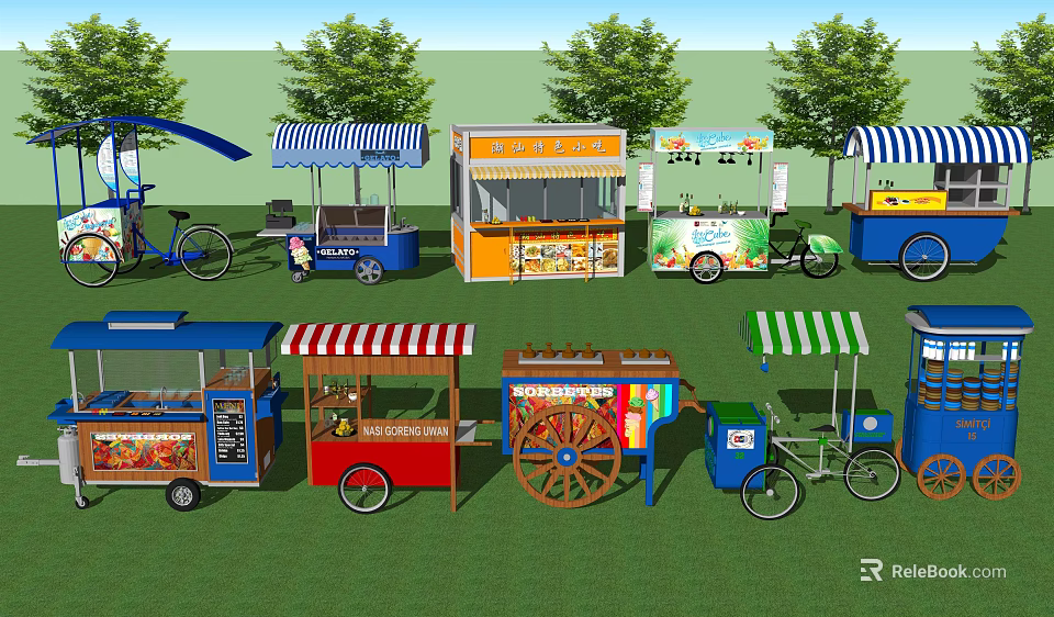 Colorful Mobile Food Carts With Various Designs For Outdoor Street Food Service 3d model 