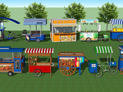 Colorful Mobile Food Carts With Various Designs For Outdoor Street Food Service 3d model