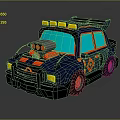 Cartoon Style Blue Car With Red Black Accents Geometric Patterns Roof Lights And Rocket Device