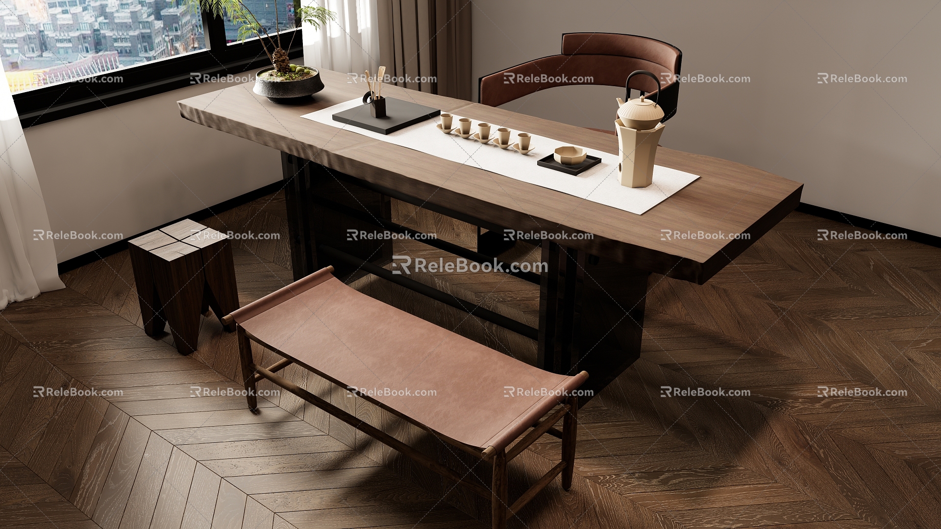 New Chinese Zen Tea Table and Chair Combination 3d model