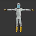 Game Movie Character With White Protective Suit Blue Face Shield Yellow Gloves Boots Arms Outstretched
