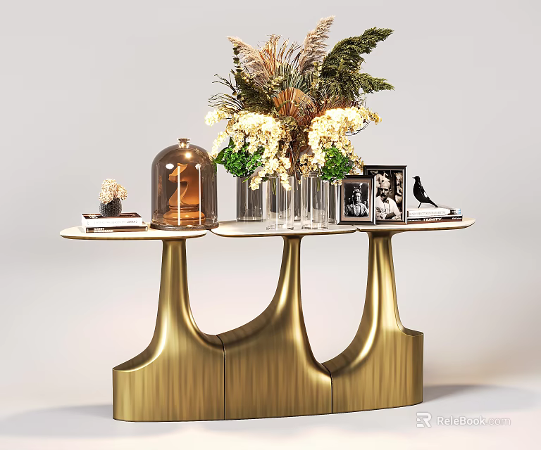 Decorative Accessories Set With Golden Table Stand Flower Bouquet Glass Cloche Photo Frame Bird Figurine 3d model 