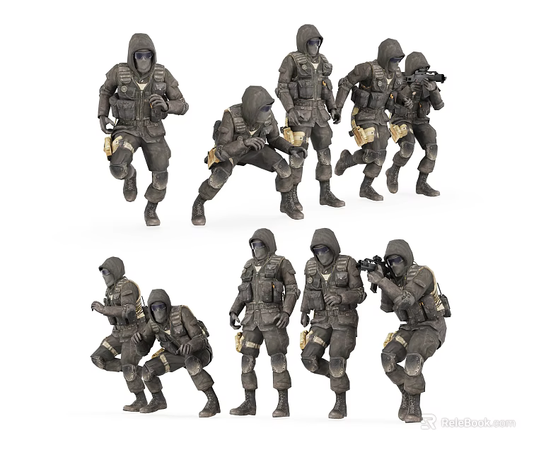 Tactical Military Soldiers In Different Combat Poses With Full Gear 3d model 