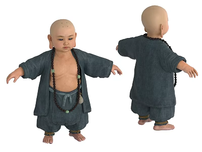 Game Movie Character Little Monk 3D Model in Dark Robe with Beaded Necklace Bald Head 3d model