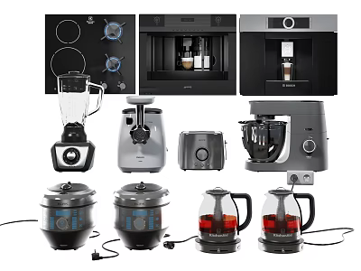 Essential Kitchen Appliances Featuring Stove Microwave Coffee Maker Blender Toaster And Kettle 3d model