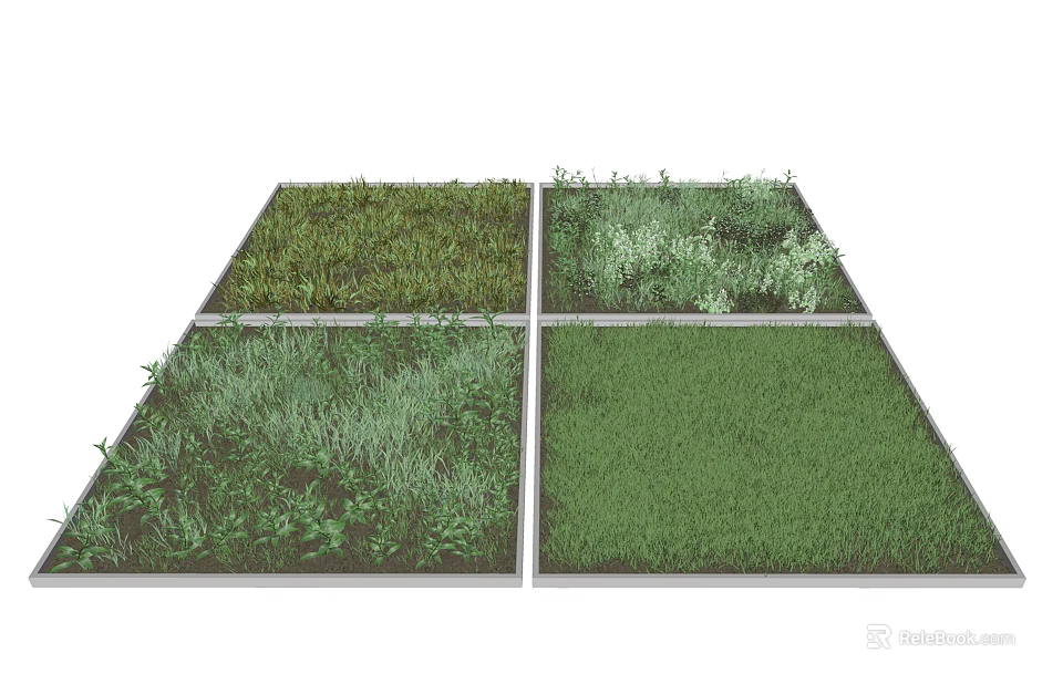 Different Green Grass And Herb Varieties In Four Square Garden Sections 3d model 