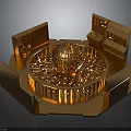 Golden Circular Display Platform With Spherical Centerpiece Ornate Carvings And Surrounding Cabinet Structures