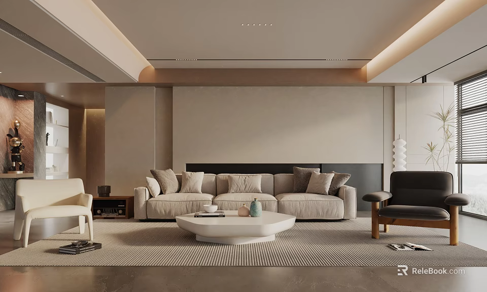 Minimalist Living Room Interior Design with Beige Sofa White Coffee Table And Black Armchair 3d model 