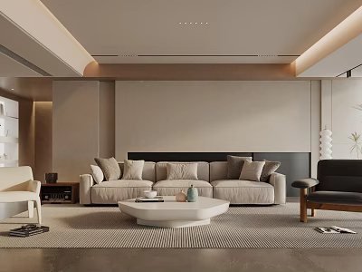 Minimalist Living Room Interior Design with Beige Sofa White Coffee Table And Black Armchair 3d model