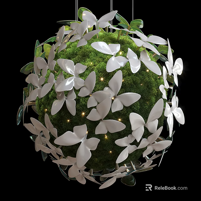 Spherical Hanging Decoration with White Butterflies Green Moss and Small Lights 3d model 