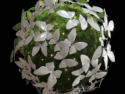 Spherical Hanging Decoration with White Butterflies Green Moss and Small Lights 3d model