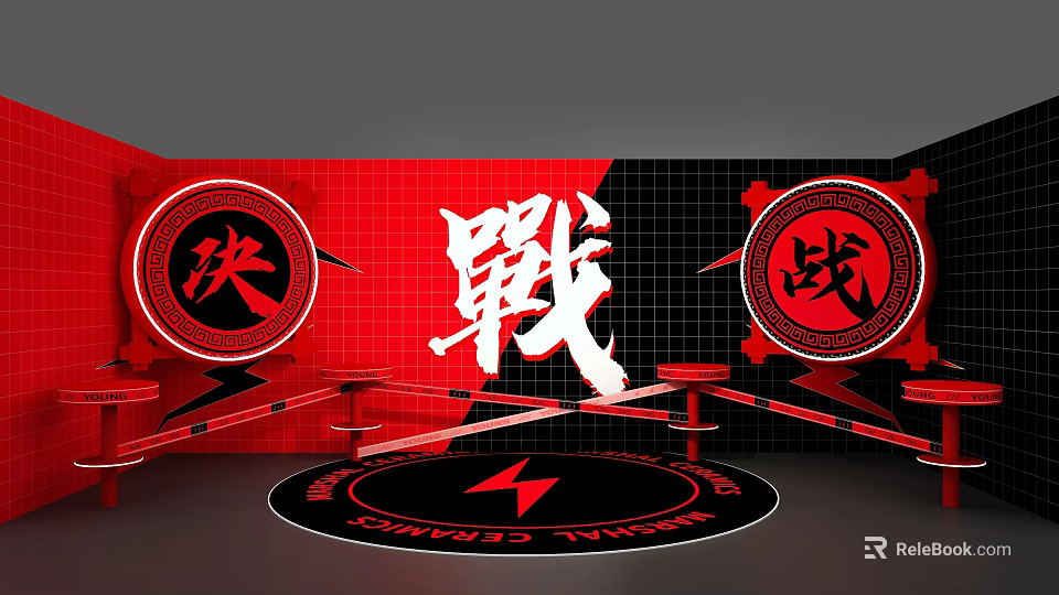 Dynamic Battle Stage Setup With Red Black Theme Chinese Characters And Circular Symbols 3d model 