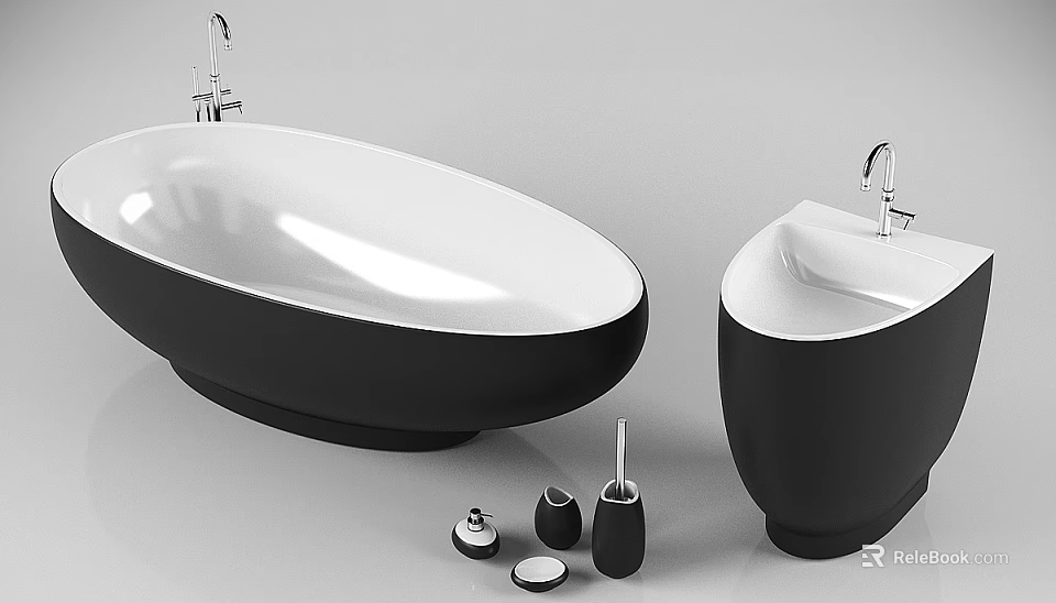 Modern Black and White Bathroom Set With Bathtub Sink Faucet and Accessories 3d model 
