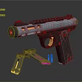 Modern 223 Remington Pistol with Red Dot Sight Magazines and Bullets on Black Surface