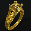 Elegant Gold Ring with Intricate Engraved Patterns and Sparkling Diamond Setting
