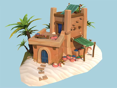 Cartoon Desert Scene With Adobe Building Blue Door Green Awning Palm Trees And Clay Pots 3d model