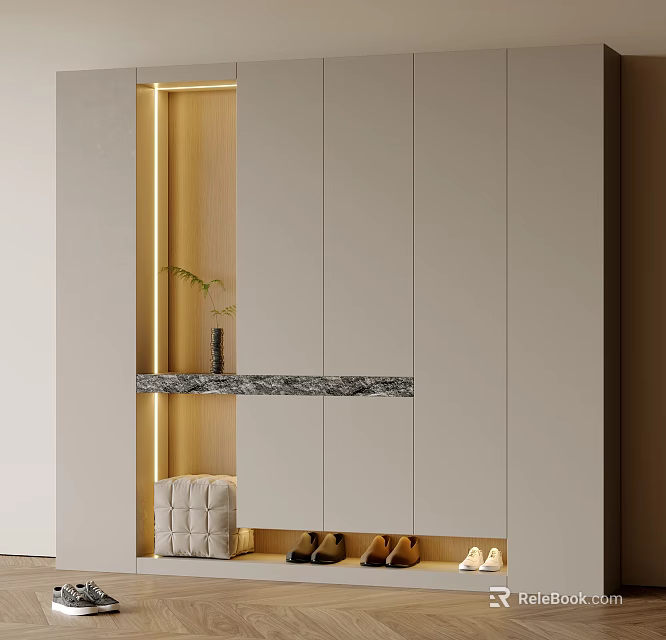 Entryway Cabinet And Side Cabinet With Modern Design Marble Top Built-in Lighting And Decorative Plant 3d model 