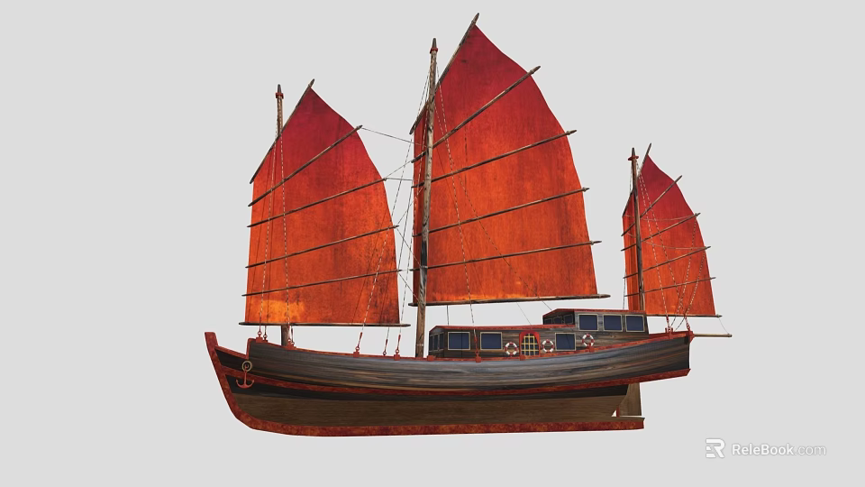 Traditional Sailing Ship With Red Sails Multiple Masts And Dark Hull Classic Design 3d model 