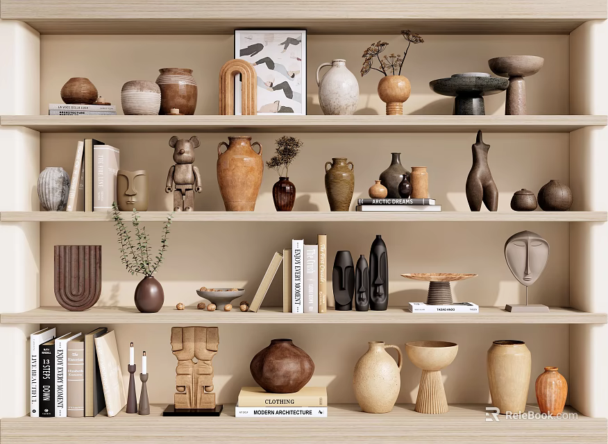 Modern Minimalist Decorative Ornament Collection With Ceramic Pots Sculptures On Display Shelves 3d model 
