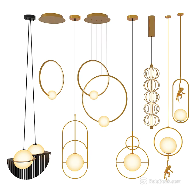 Modern Pendant Lights With Various Geometric Shapes Metal Frames And Sphere Bulbs 3d model