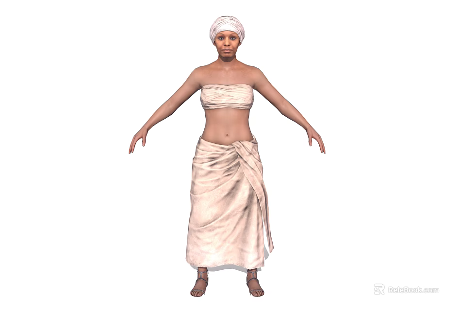 Game Movie Character In Traditional Attire With Head Wrap Strapless Top Long Skirt And Barefoot 3d model 