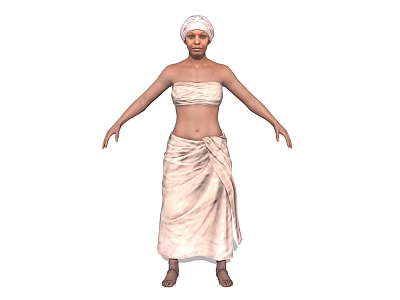 Game Movie Character In Traditional Attire With Head Wrap Strapless Top Long Skirt And Barefoot 3d model